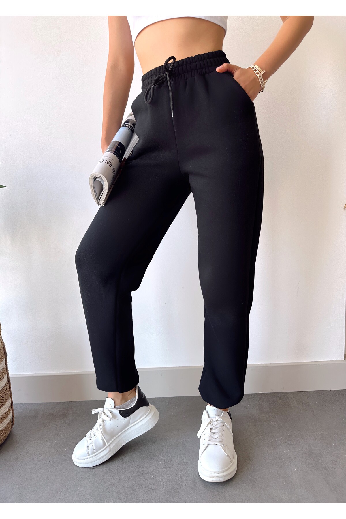 schlank Kadın Siyah Yüksek Bel Paçası Lastikli İçi Polarlı Basic Jogger Eşofman - Eşofman Altı görsel 2