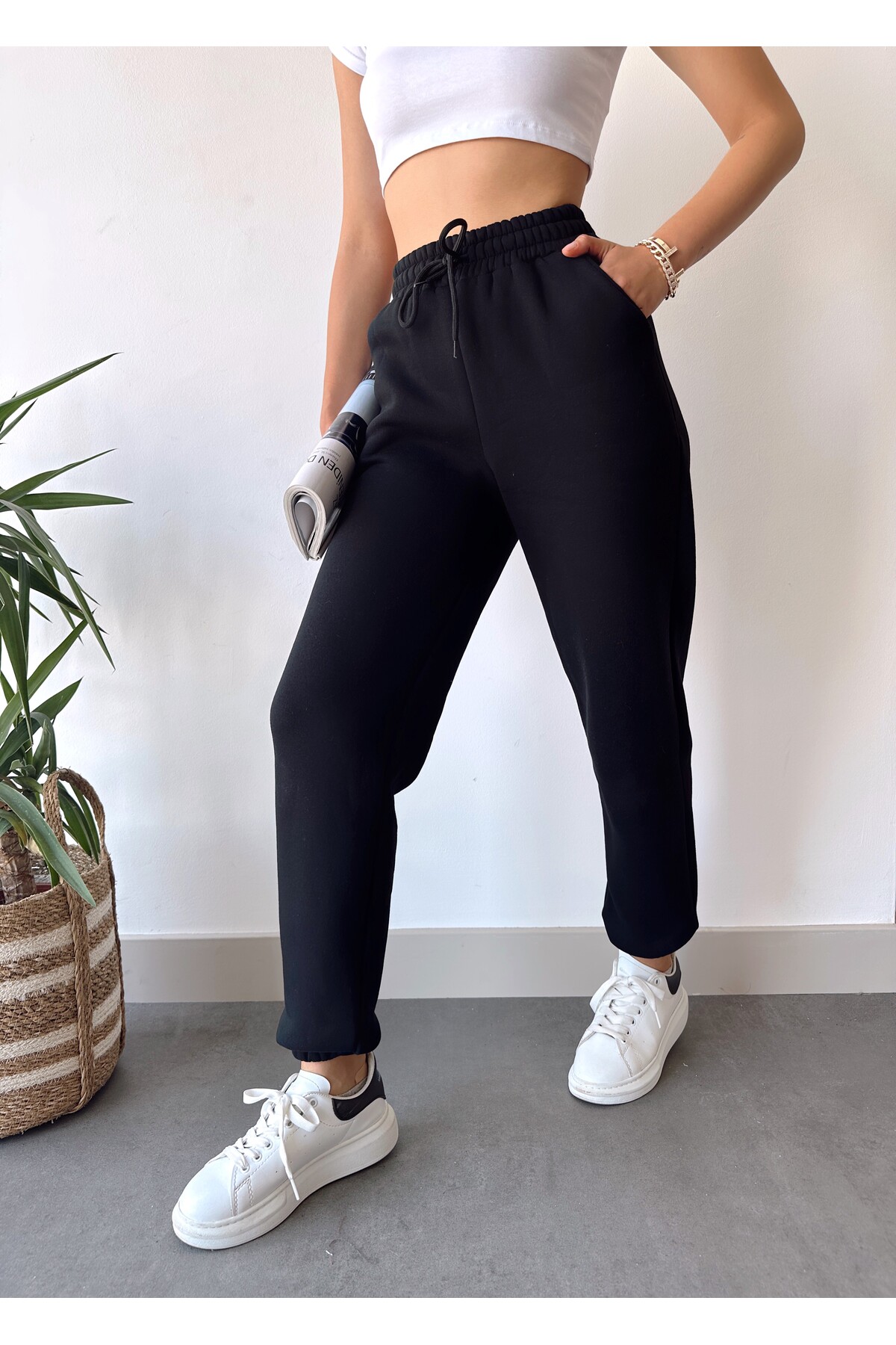 schlank Kadın Siyah Yüksek Bel Paçası Lastikli İçi Polarlı Basic Jogger Eşofman - Eşofman Altı görsel 4