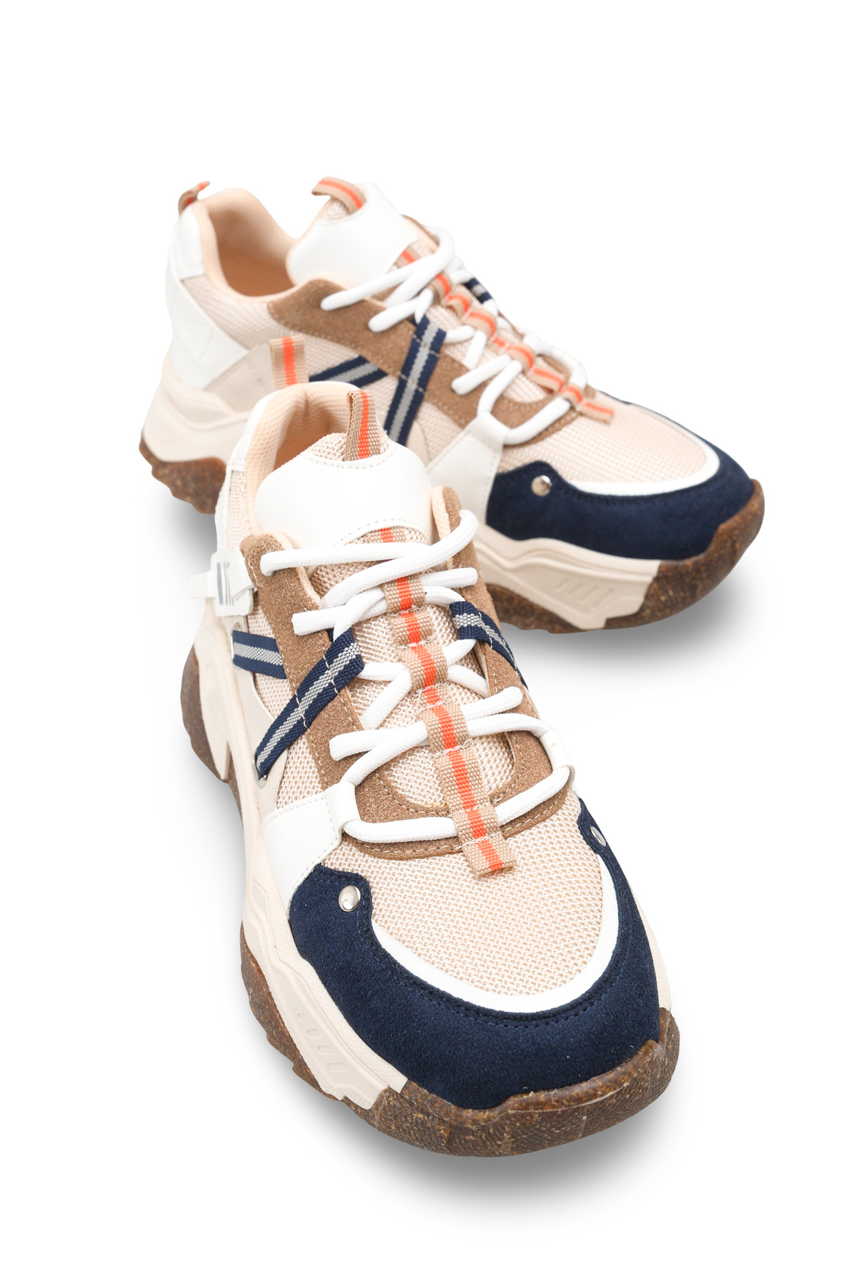 Women's Beige Navy Blue Lace-Up High Sole Sneaker Sports Shoes