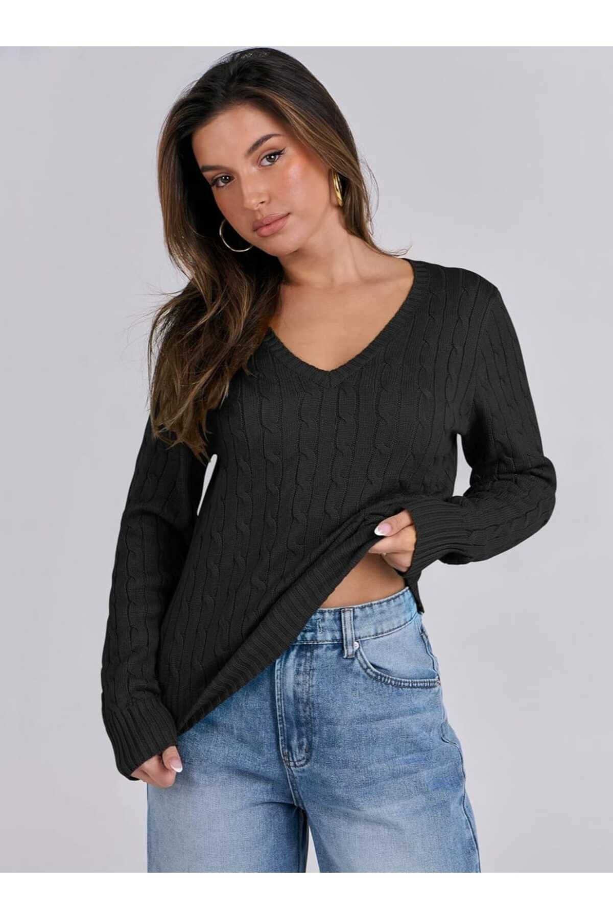 youknitwear you Riviera %100 Pamuk V Yaka Kadın Kazak görsel 7