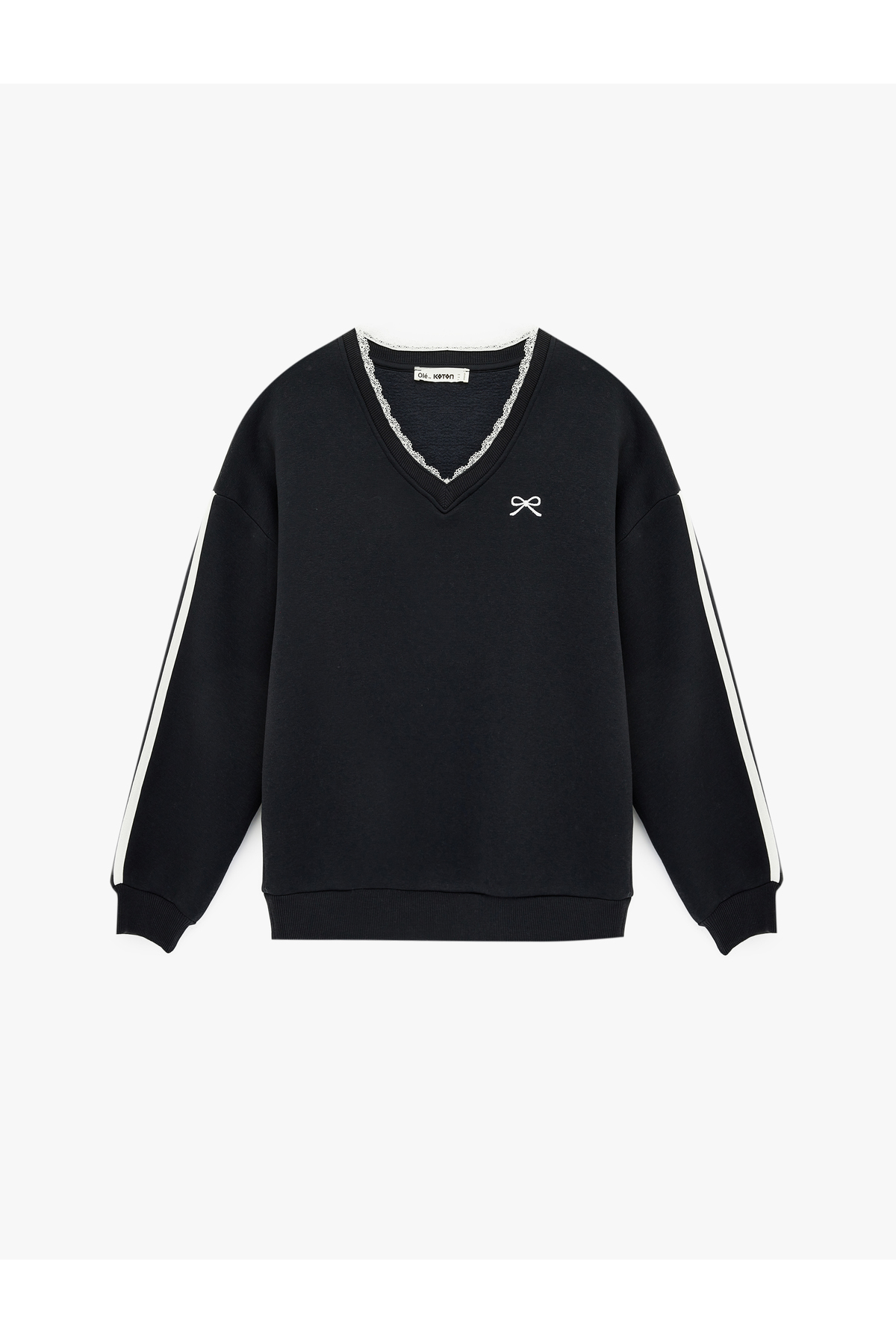 Koton  Şardonlu Fiyonklu Dantel Detaylı V Yaka Uzun Kollu Oversize Sweatshirt - Görsel 3