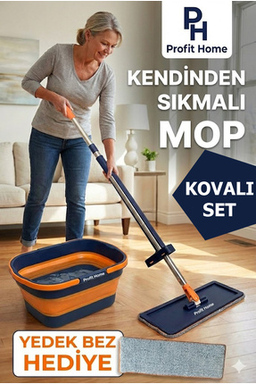 Profit Home Büyük Boy Kendinden sıkmalı paspas mop + Yedek Bez+ KOVA
