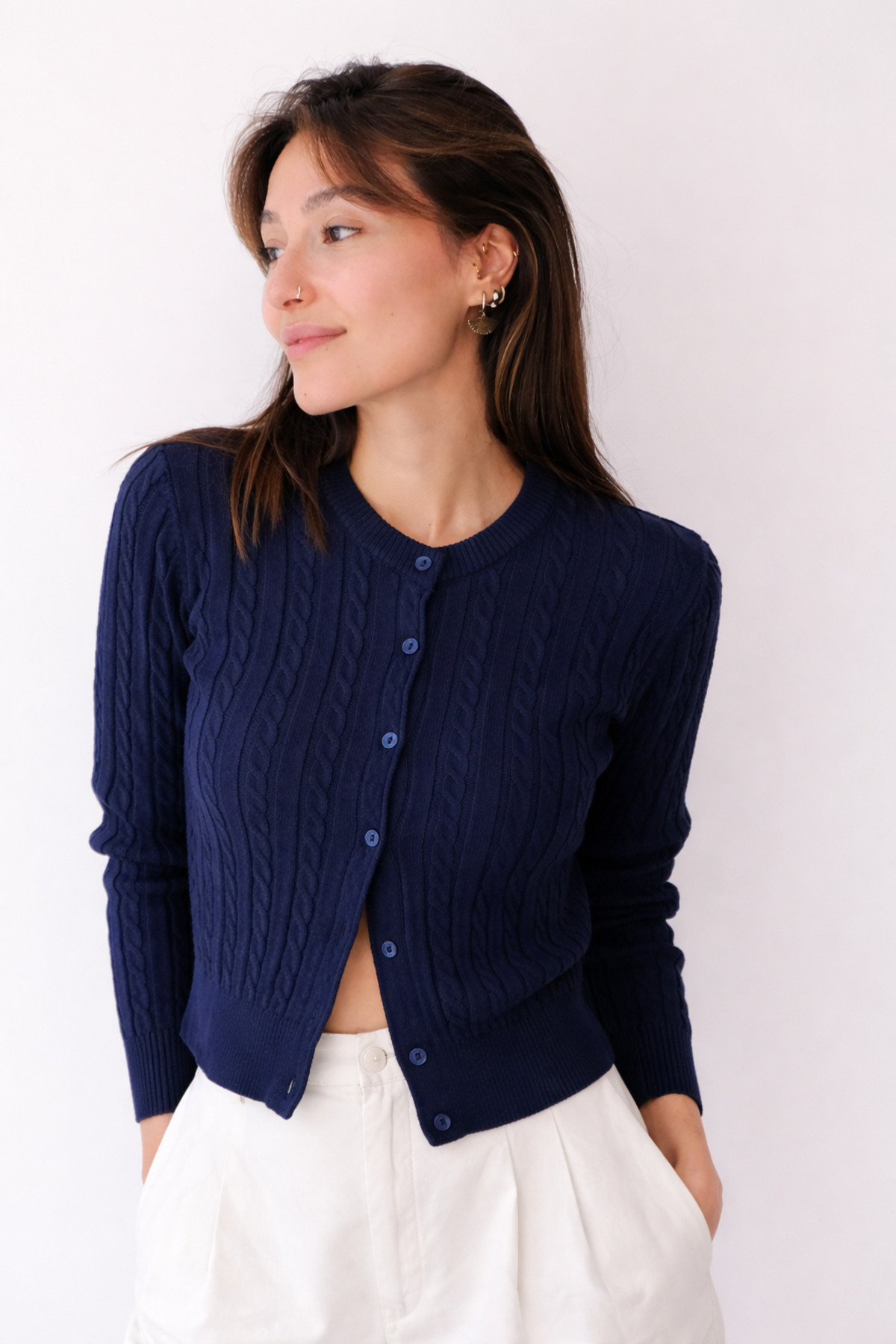 Butik  Una Fiaba- Lacivert Renk Saç Örgü Düğmeli Kadın Triko Hırka - Görsel 5
