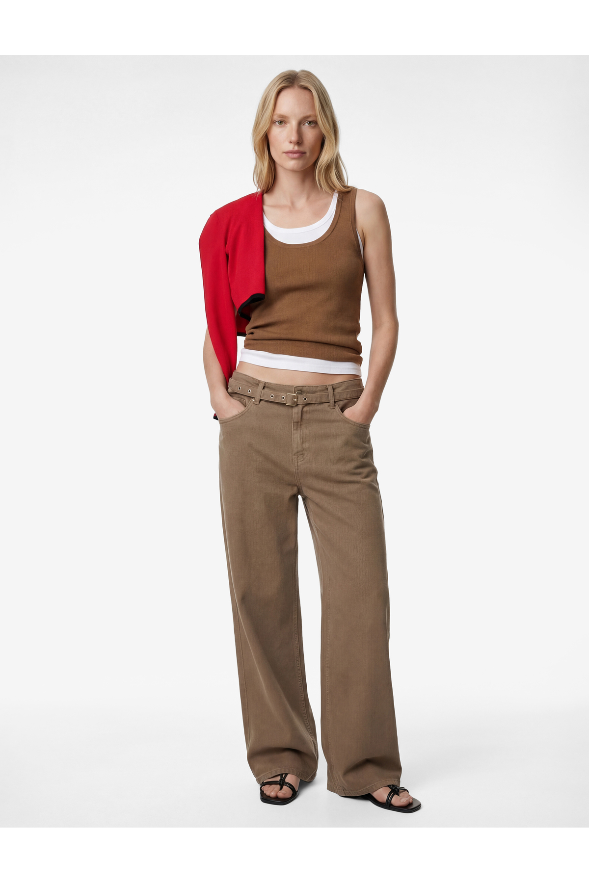 Koton Pamuklu Yüksek Bel Kemerli Geniş Paça Pantolon - Wide Leg Jeans