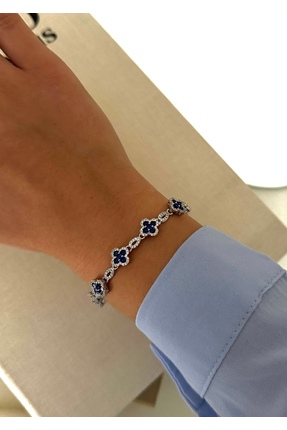 LORİEN ACCESSORİES VIP Lacivert Taşlı Yonca Bileklik – Silver