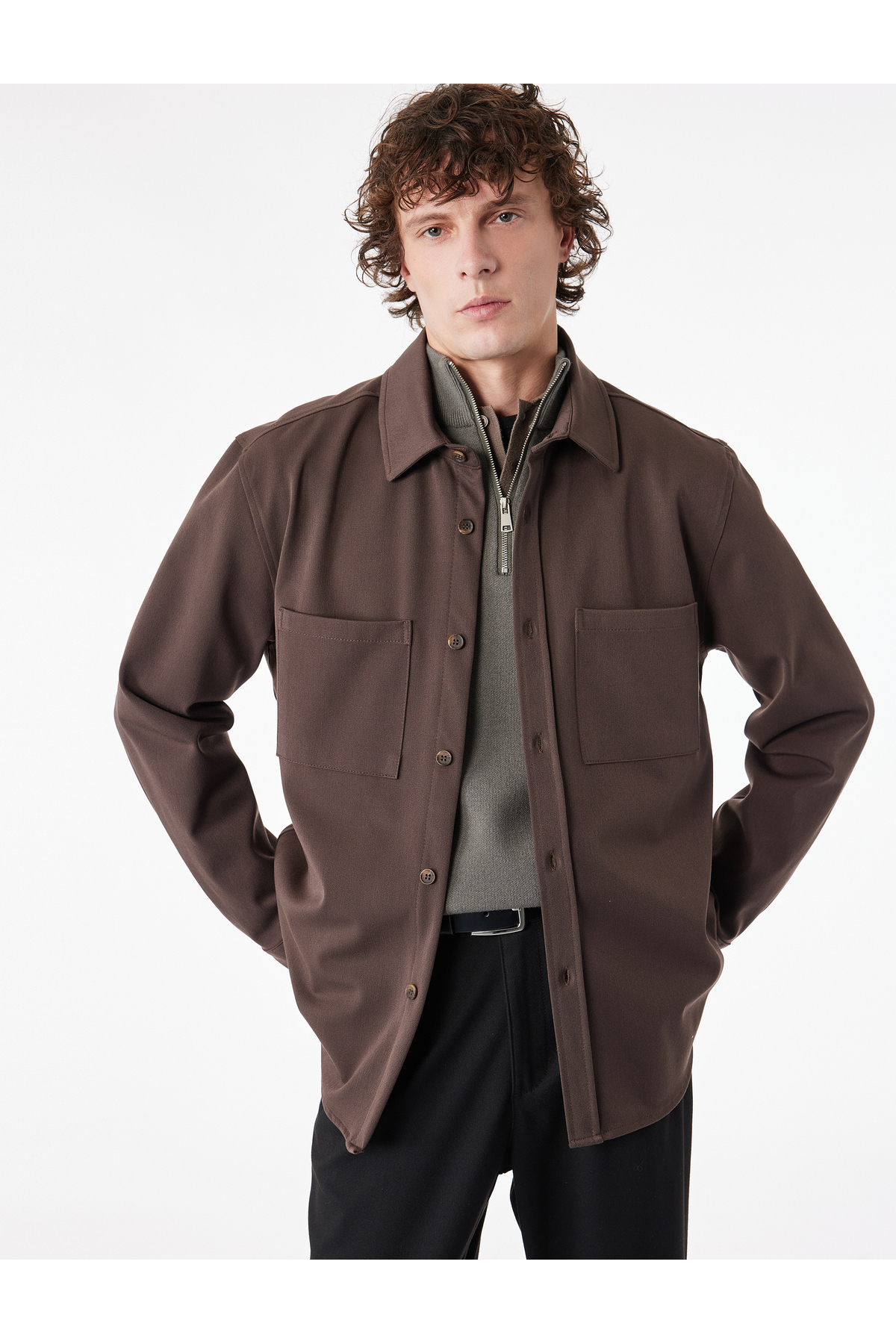 Regular Fit Cepli Uzun Kollu Klasik Yaka Gömlek — قهوه‌ای 6SAM60033NW — تصویر 2 از 5