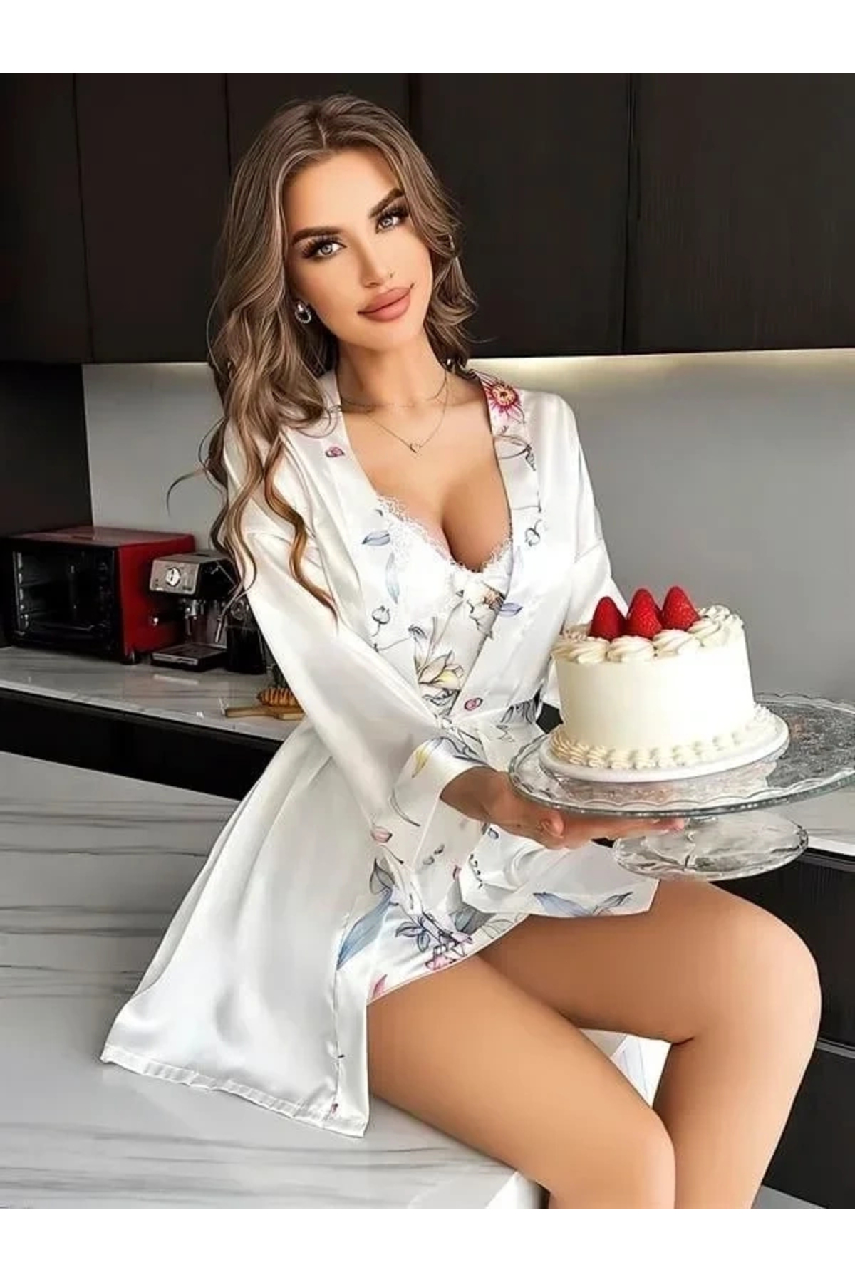 AMORA SECRET ÖZEL TASARIM ÖZEL TASARIM ÇİÇEK DESENLİ GÖĞÜS DEKOLTELİ SABAHLIKLI 2'Lİ BEYAZ SATEN GECELİK TAKIMI