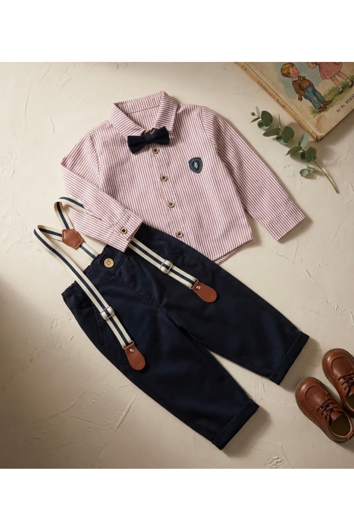 AKİ MODA KİDS erkek bebek pantolon gömlek papyonlu askılı takım fotoğrafı 3 (önizleme)