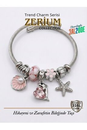 ZERİUM Modern Çelik Şık Kadın Charm Bileklik Yunus Balığı ve İstiridye