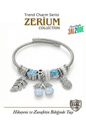 ZERİUM Modern Çelik Şık Yeni Nesil Tasarım Charm Bileklik Mavi Kiraz ve Ananas