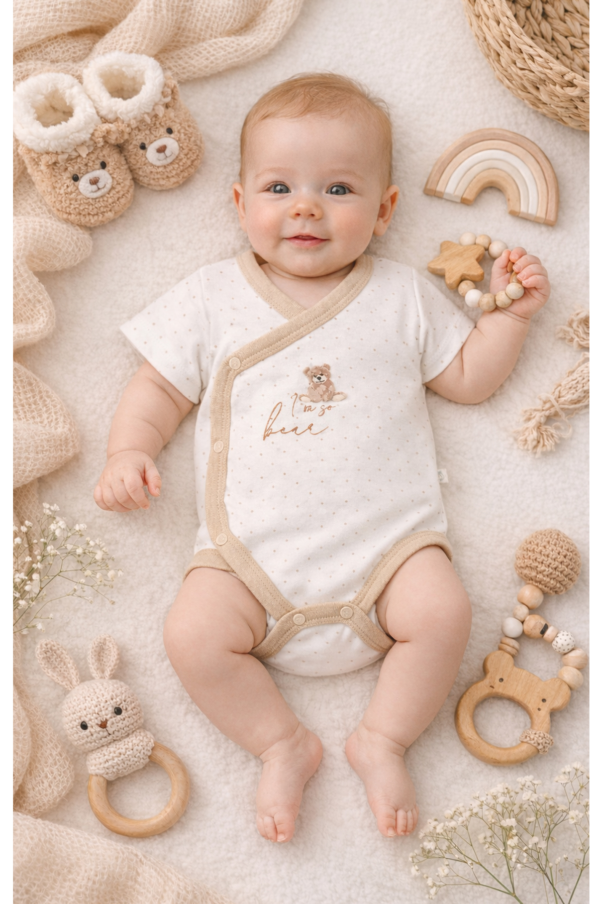 Bistyle %100 Organik Pamuk Kruvaze Body Kısa Kollu Yenidoğan / So Bear Kız Erkek Unisex Bebek fotoğrafı 6 (önizleme)