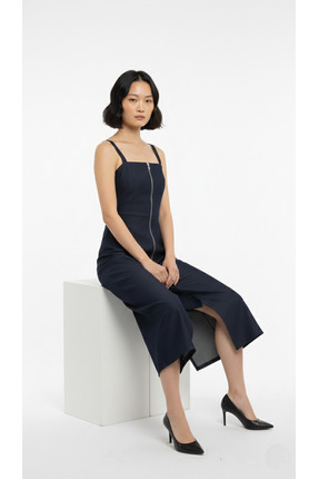 cemo Askılı Kare Yaka Fermuarlı Midi Elbise