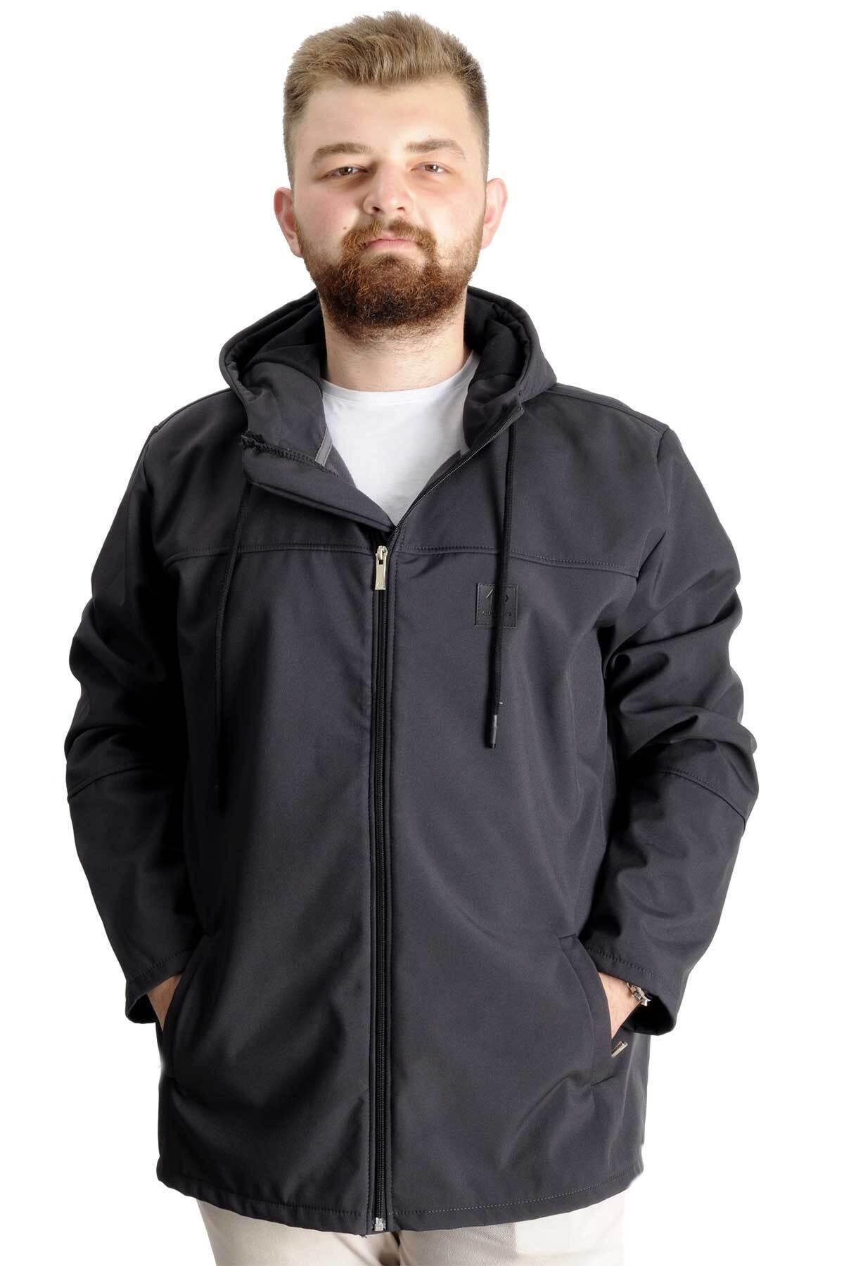 ModeXL Mode Xl Büyük Beden Erkek Kapüşonlu Mont Waterproof Softshell 21235 Antrasit