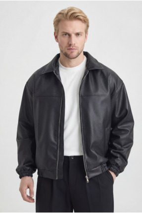 Rowsmen Oversize Erkek Siyah Deri Ceket KOL LASTİKLİ MONT