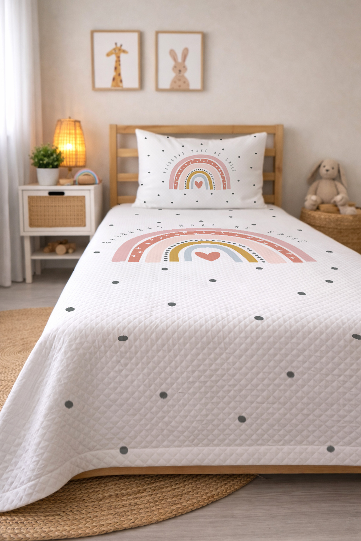 Evmila Gökkuşağı Desenli Bebek Ve Çocuk Baskılı Tek Kişilik Pike Takımı 160 X 220 Cm Beyaz fotoğrafı 2 (önizleme)