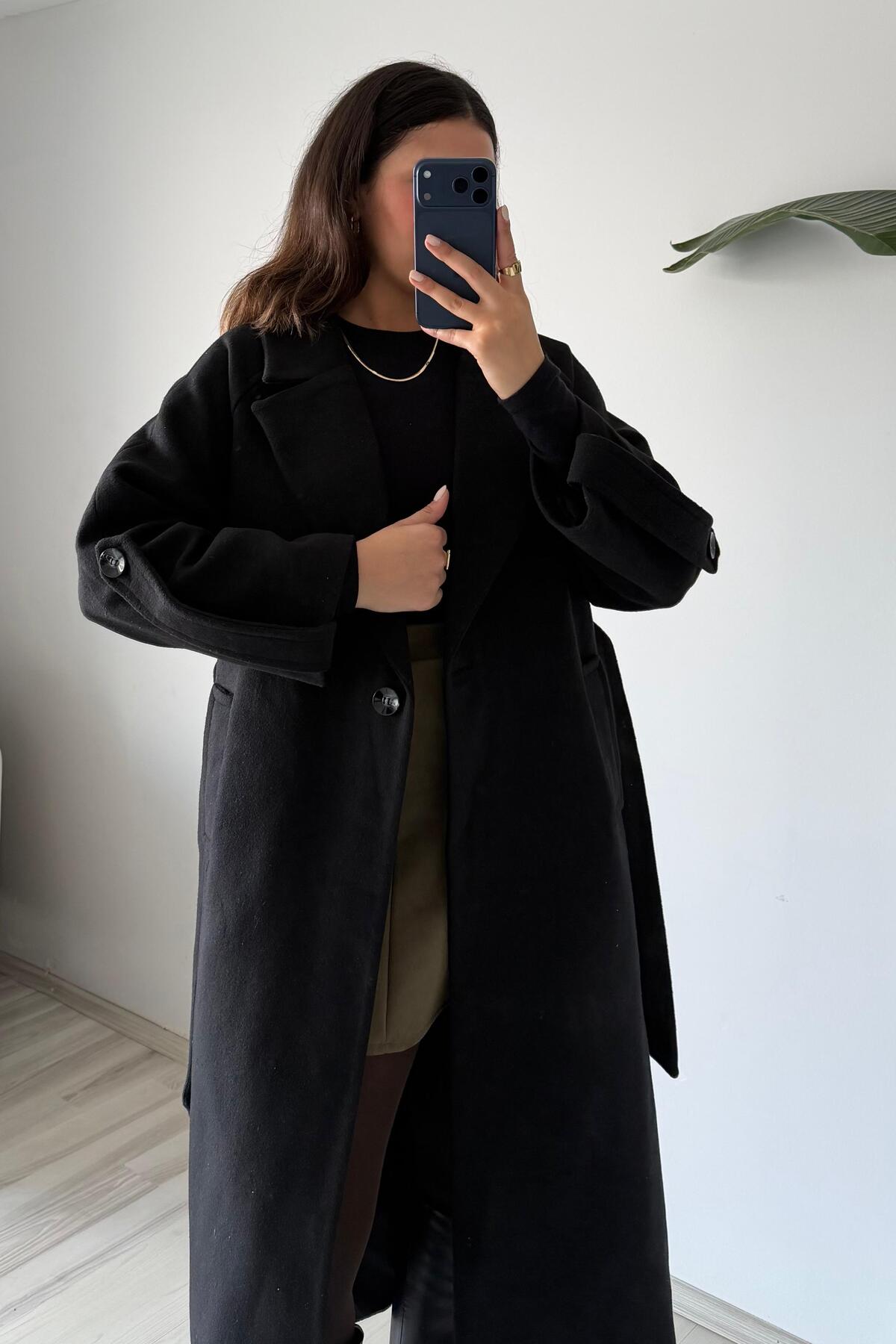 Güneş  Oversize Kemerli Kaşe Palto - Görsel 5