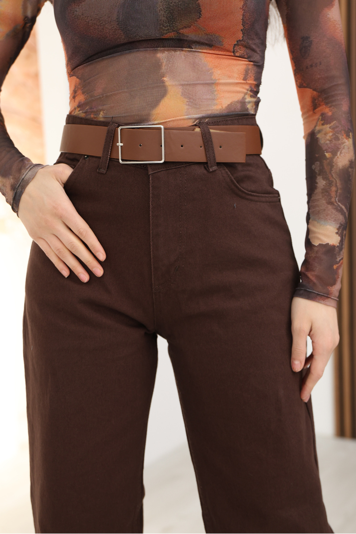 macharel jeans  D92 Kahverengi Straight Fit Geniş Paça Pantolon - Görsel 4