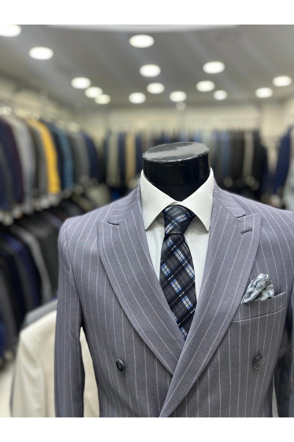 MASSARO  Kruvaze Çizgili Slımfit Takım elbise - Görsel 5