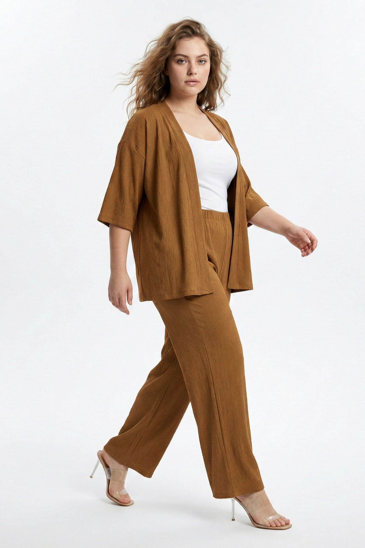 Talvien  Büyük Beden Kimono Hırkalı 2’li Takım – Bürümcük Kumaş Oversize Şık Set