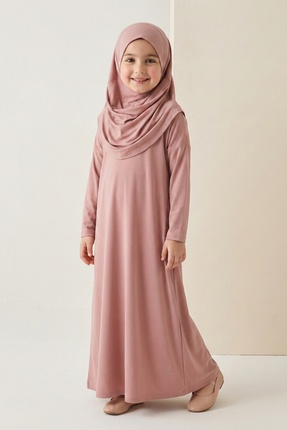 Mnk Baby&Kids Pratik Başörtülü Kız Çocuk Namaz Elbisesi M00789 GÜL KURUSU