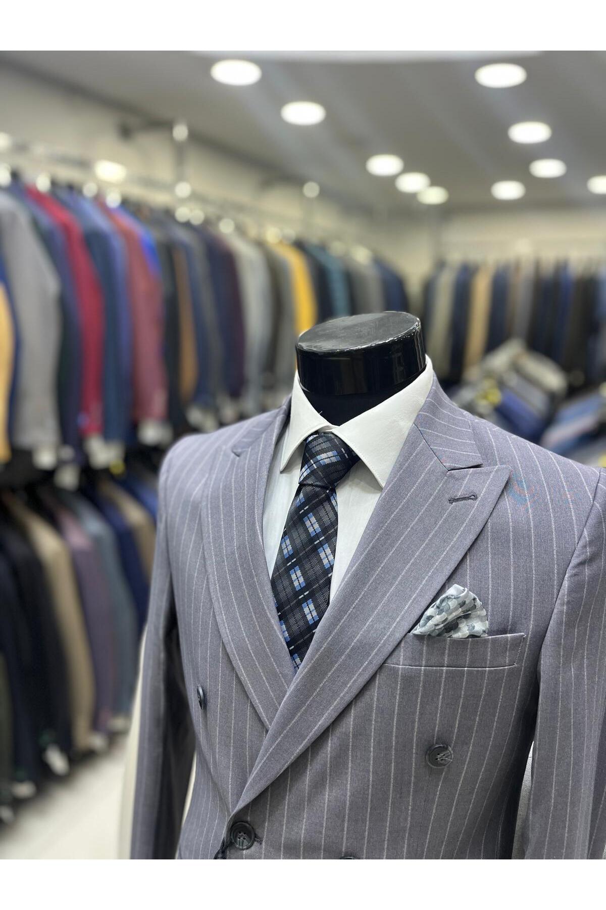 MASSARO  Kruvaze Çizgili Slımfit Takım elbise - Görsel 3