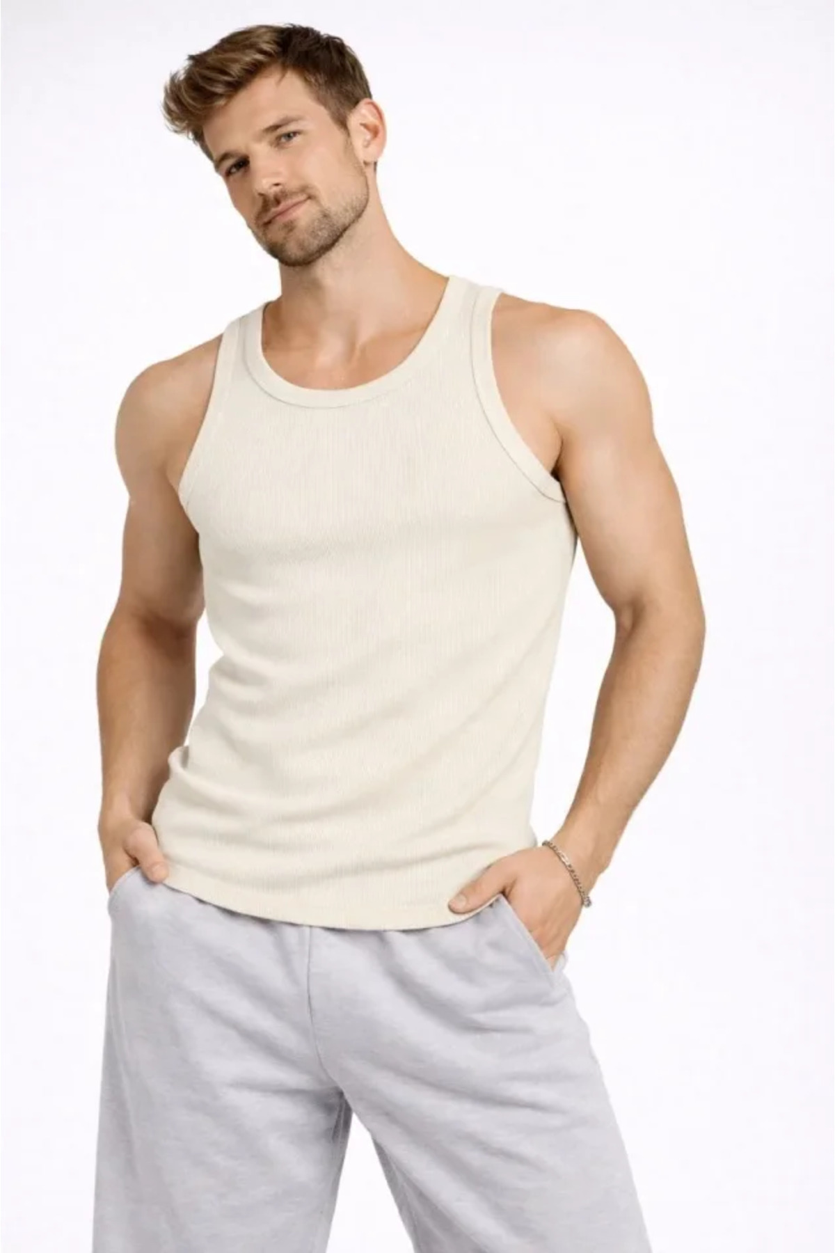 Erkek Fitilli Atlet Sıfır Yaka Slim Fit Arka Baskılı Spor Atlet - Krem