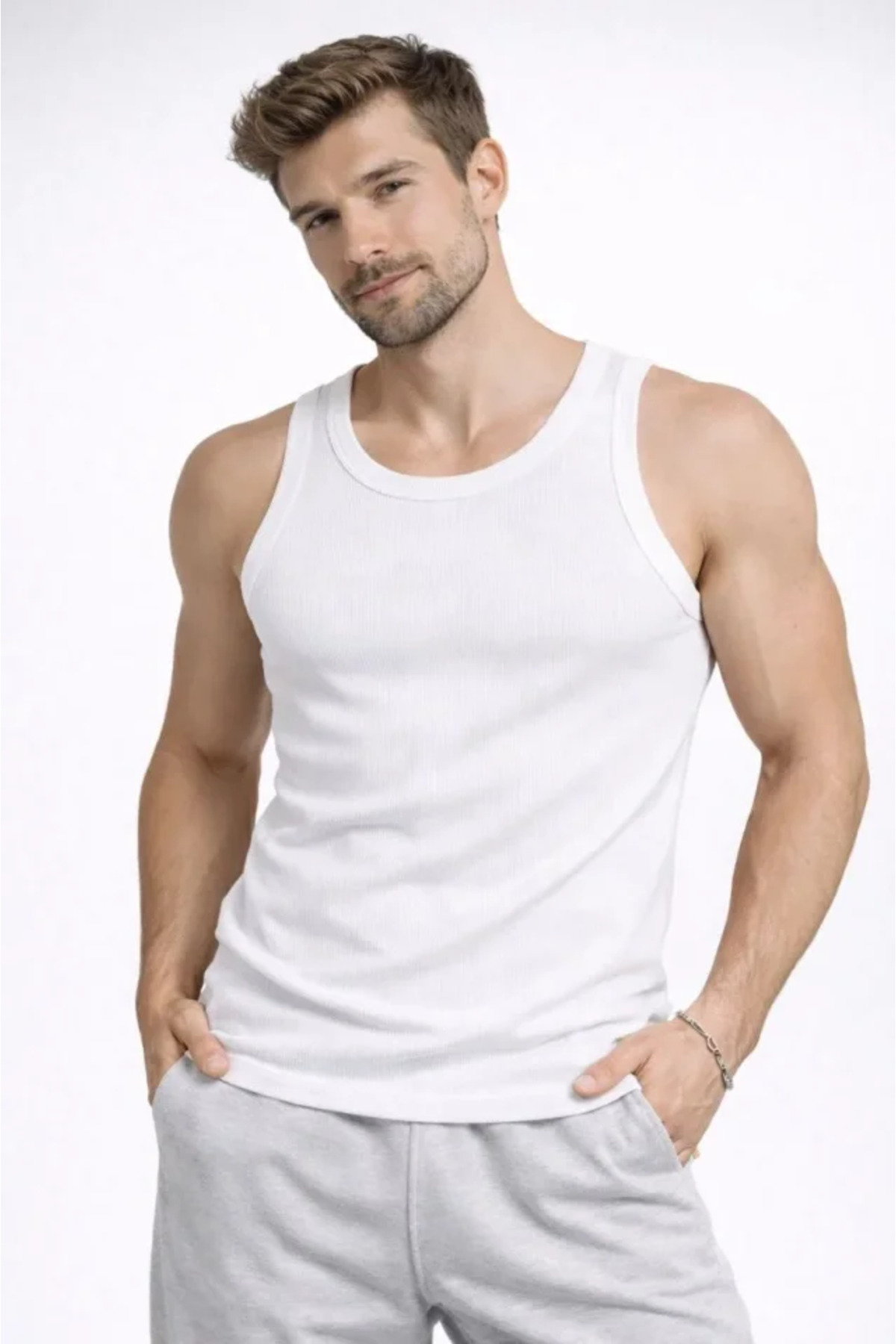 Erkek Fitilli Atlet Sıfır Yaka Slim Fit Arka Baskılı Spor Atlet - Beyaz