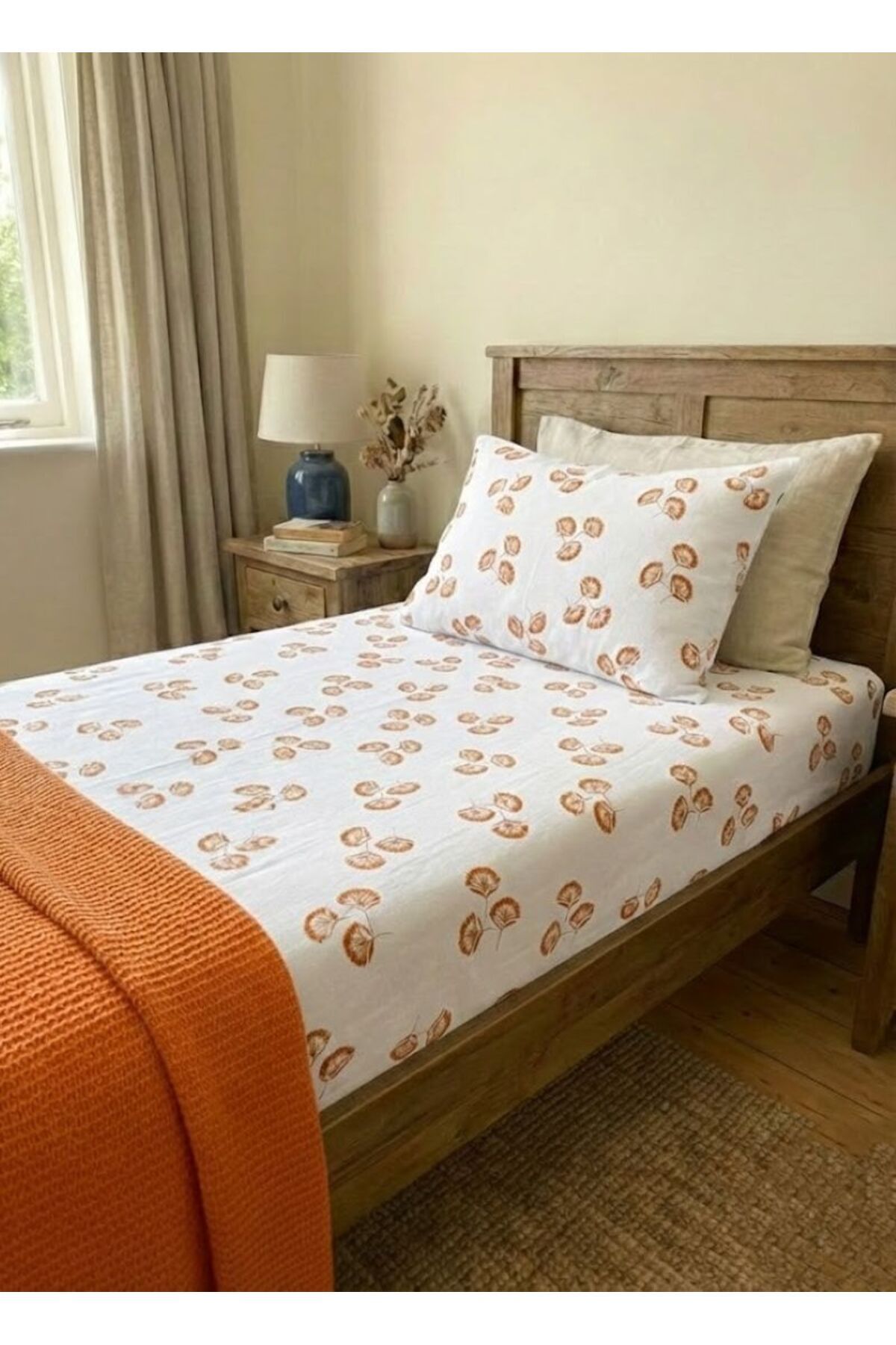 Leaf Patterned Single Elastic Bed Sheet Set 100% Cotton Linen