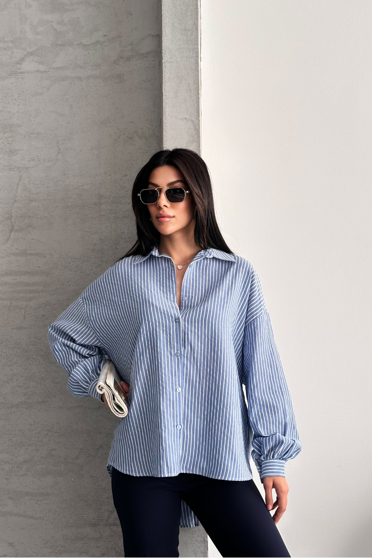 macharel jeans  Oversize Mavi Çizgili Gömlek