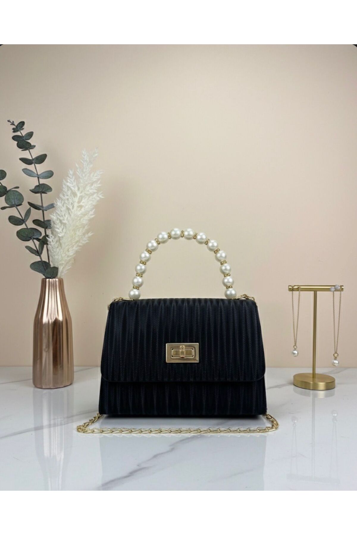 addy  Siyah Çizgili Desenli İncili Gold Zincir Askılı Portföy Omuz Ve El Çantası E18 B12 - Görsel 2