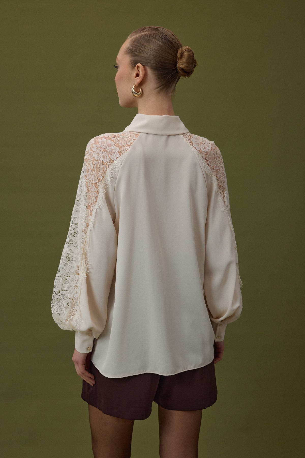 Sateen  Kolları Dantel Detaylı Gömlek - Bej - Görsel 7