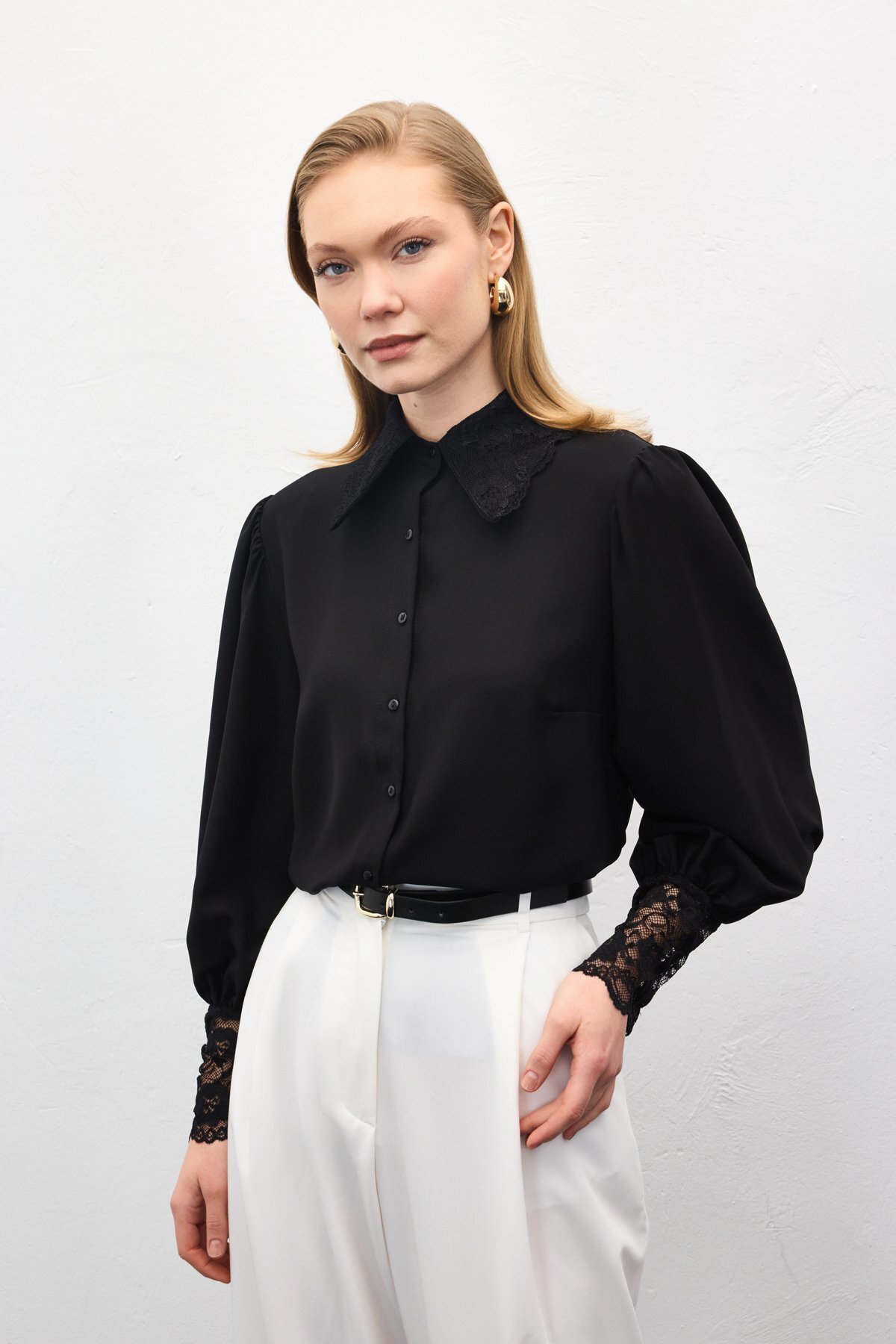 Sateen  Dantel Manşetli Gömlek - Siyah