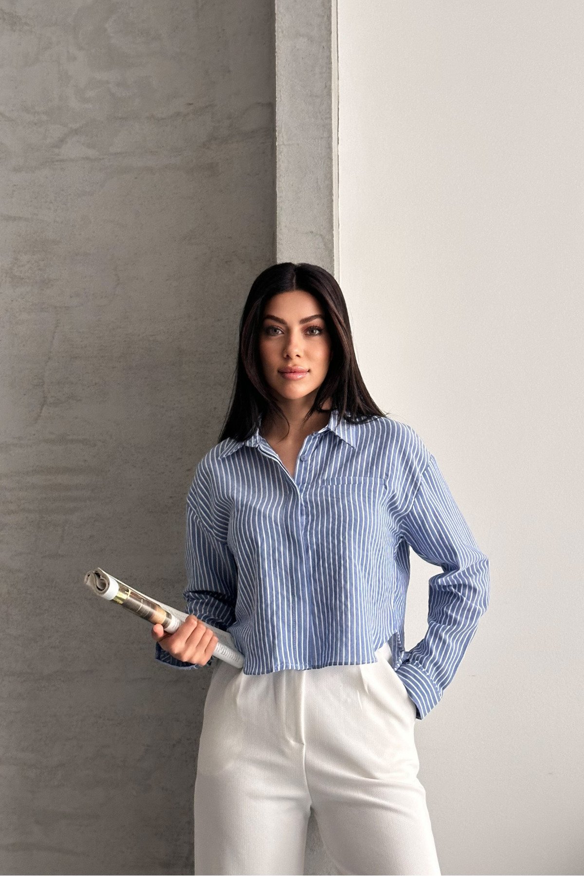 macharel jeans  Kadın Mavi Çizgili Crop Gömlek - Görsel 3