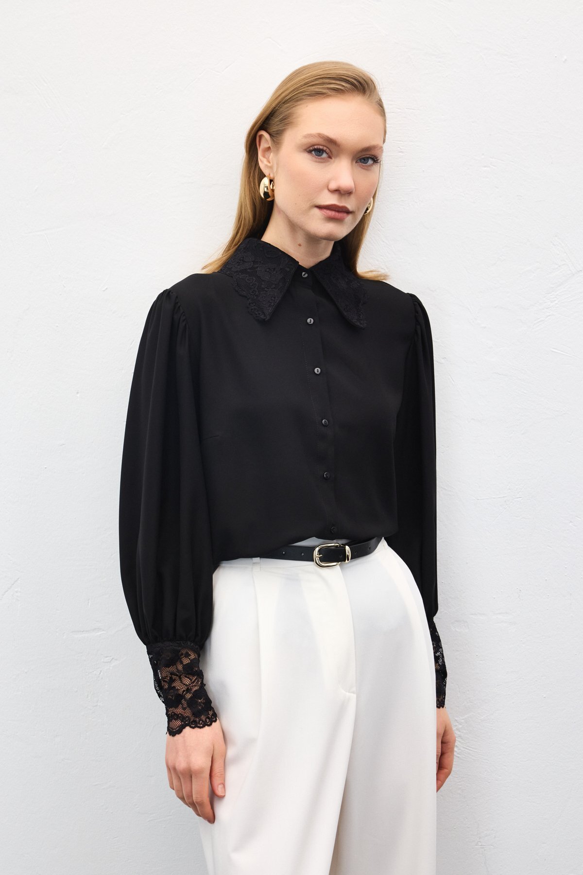 Sateen  Dantel Manşetli Gömlek - Siyah - Görsel 6
