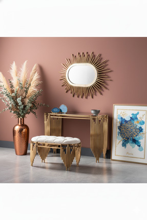 Hediselim Gold Piyano Model Lüx Dresuar Takımı Ayna ve Puf