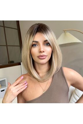 NeednStore Kadın Sarı Ombre Küt Perçemli Peruk - 35 cm serisi 1. Kalite Sente...