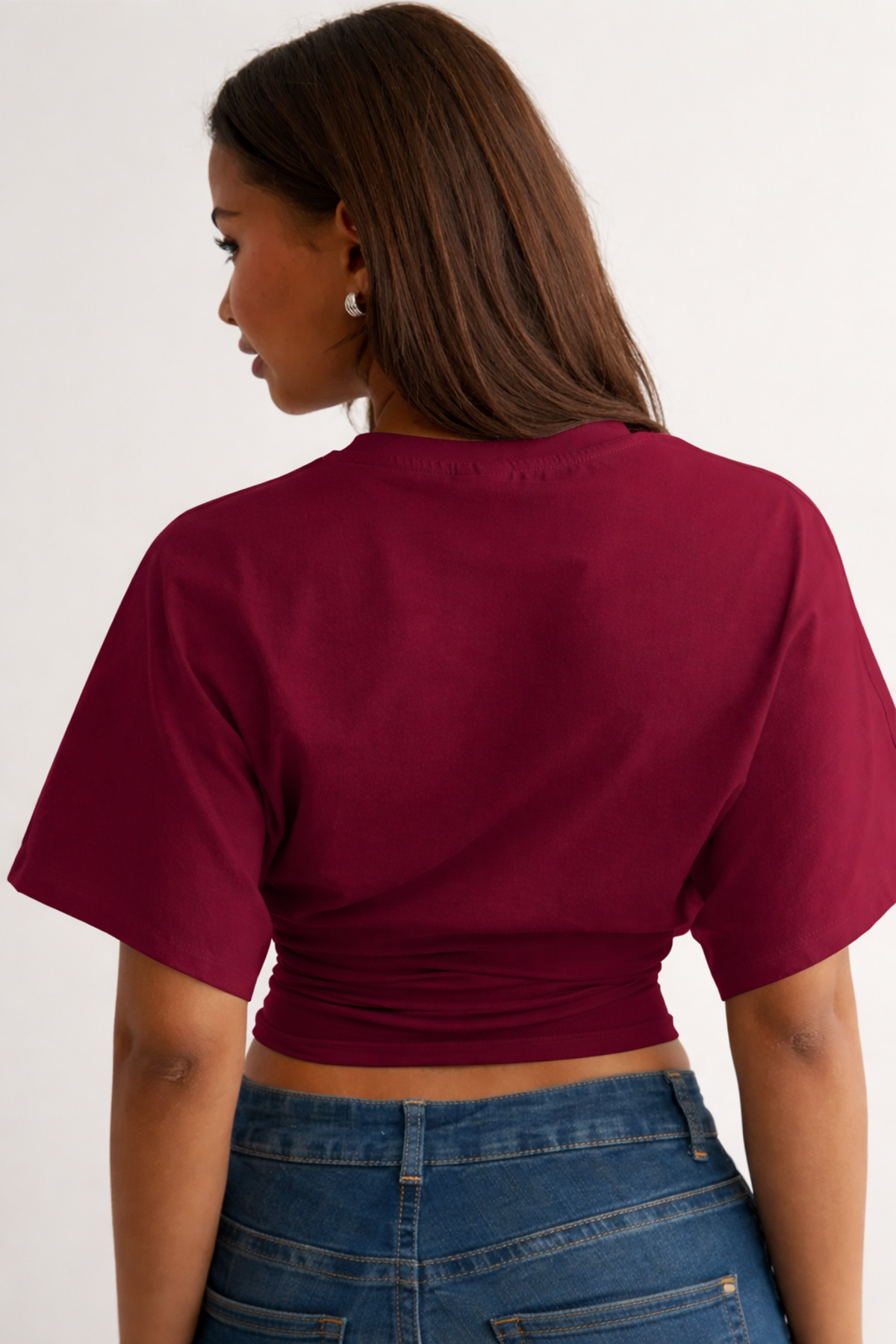 ecemore  Bele Oturan Geniş Kollu Doğal Viskon Bordo Bluz - Görsel 4