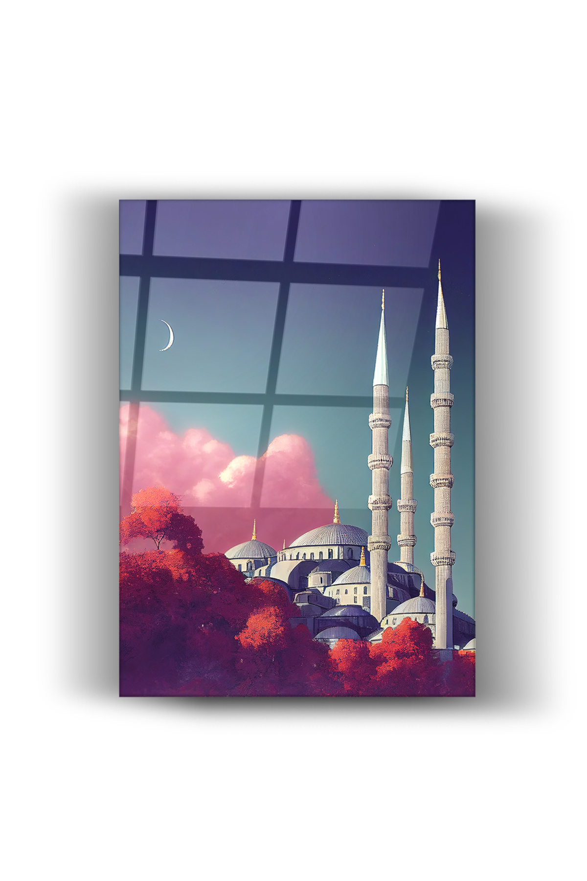 Osmanlı Mimarisi Cam Tablo – Hilalli Cami Silüeti Duvar Dekoru | Modern Ev ve Ofis Dekorasyonu
