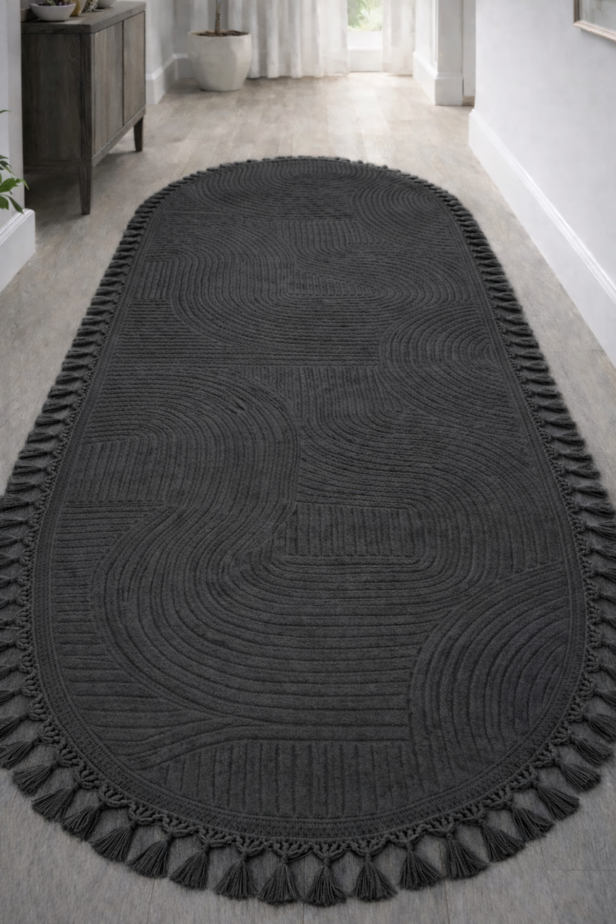 Relief Oval Knit Fringed Joy Anti-Slip Washable Living Room Kitchen Corridor Runner Rug ANTHRACITE
