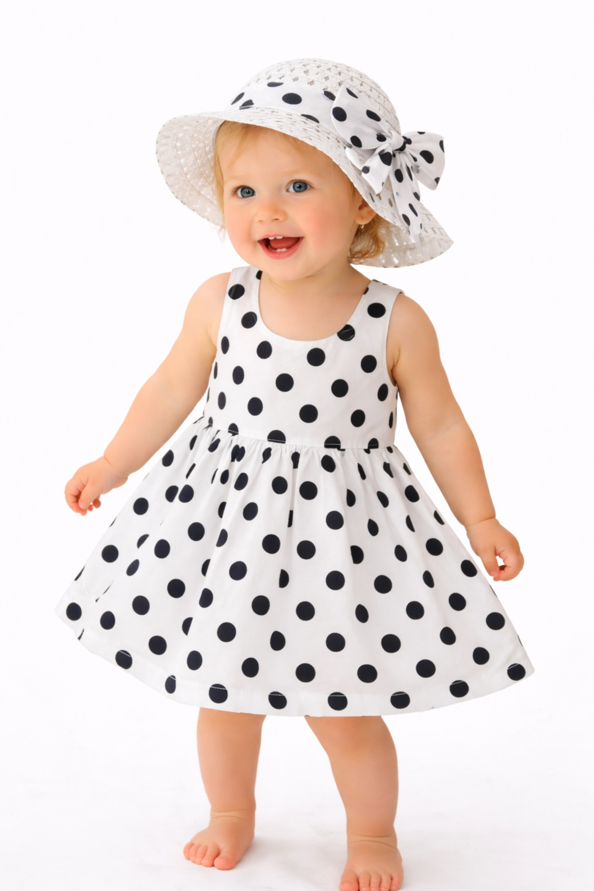 Chicsy Baby Tatlı Yazlık Kız Bebek Elbise Puantiye Desenli Şapkalı Elbise