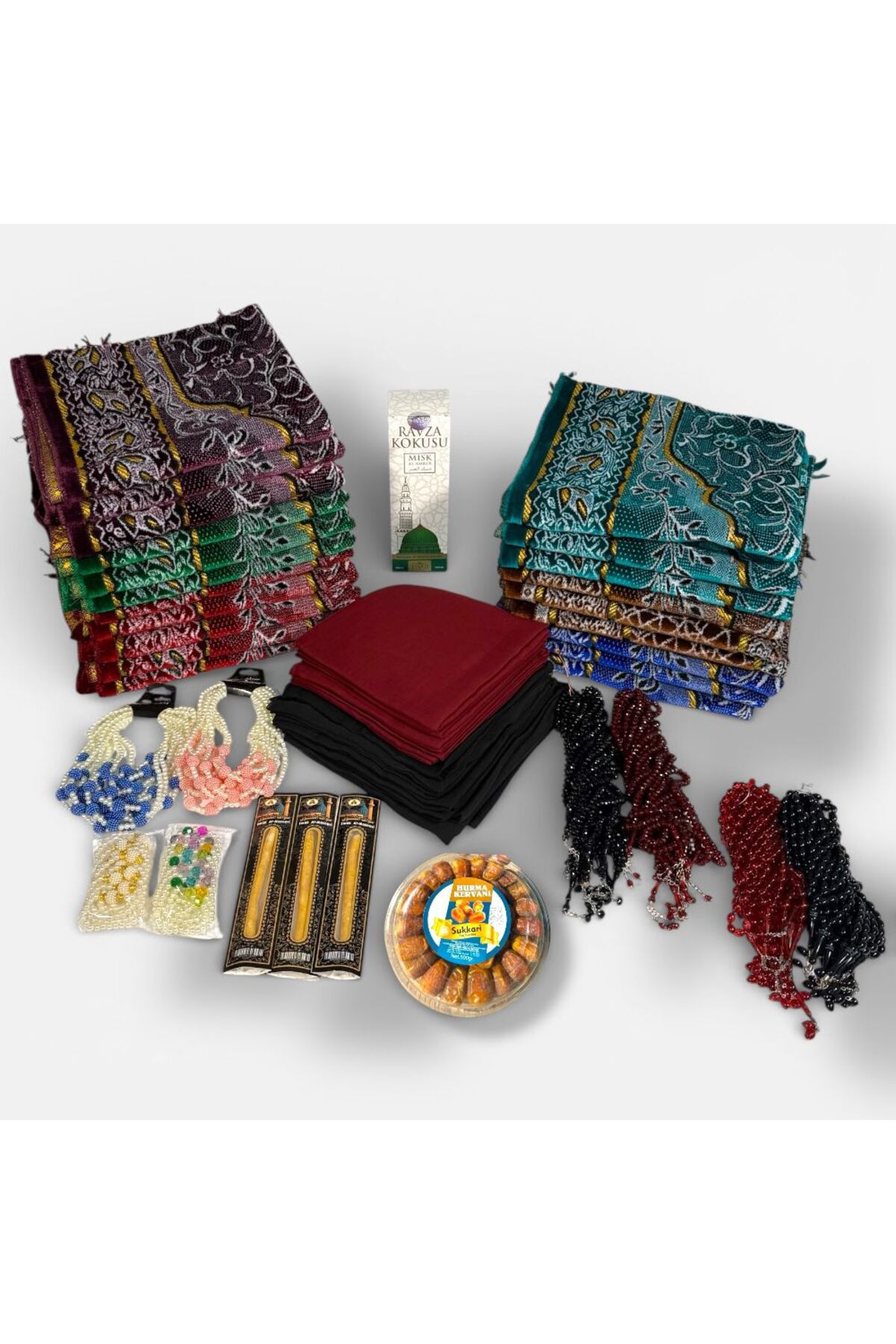 142 Pieces Mass Hajj Umrah Set – Prayer rug, Rosary, Miswak, Scarf, Date and Room Fragrance Content