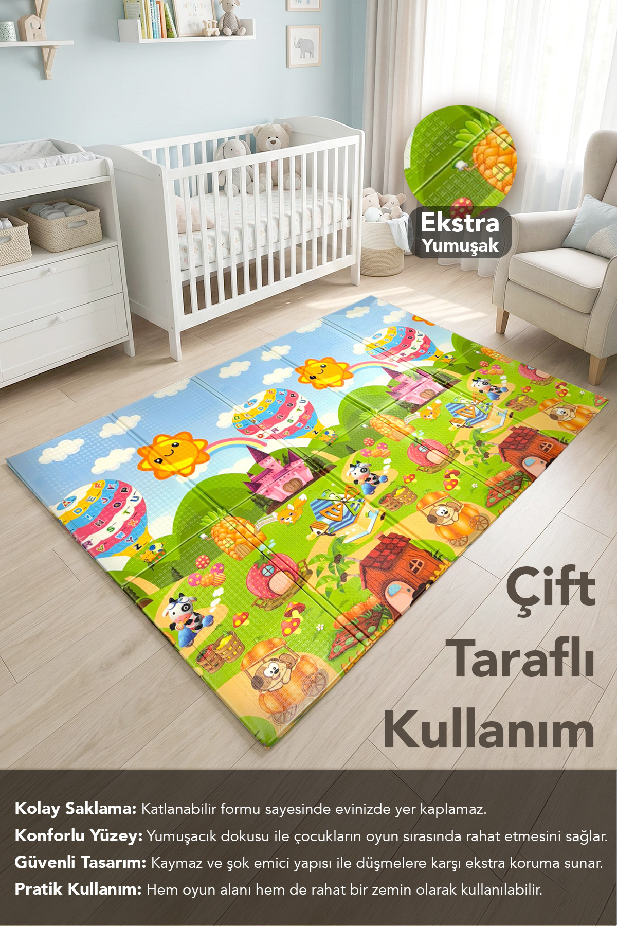 Meleni Baby Çift Taraflı Fil Figürlü Oyun Matı - 200x130x1 cm Katlanabilir Çocuk Oyun Halısı Taşıma Çantalı fotoğrafı 2 (önizleme)