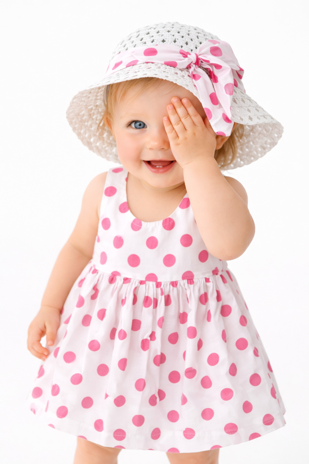 Chicsy Baby Tatlı Yazlık Kız Bebek Elbise Puantiye Desenli Şapkalı Elbise fotoğrafı 4 (önizleme)