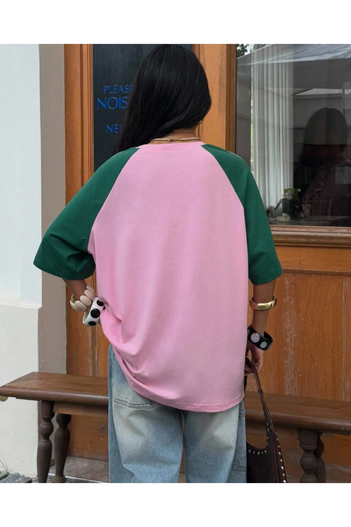 Touz Moda  Retro Streetwear Club Pembe Yeşil Oversize T-Shirt - Görsel 3