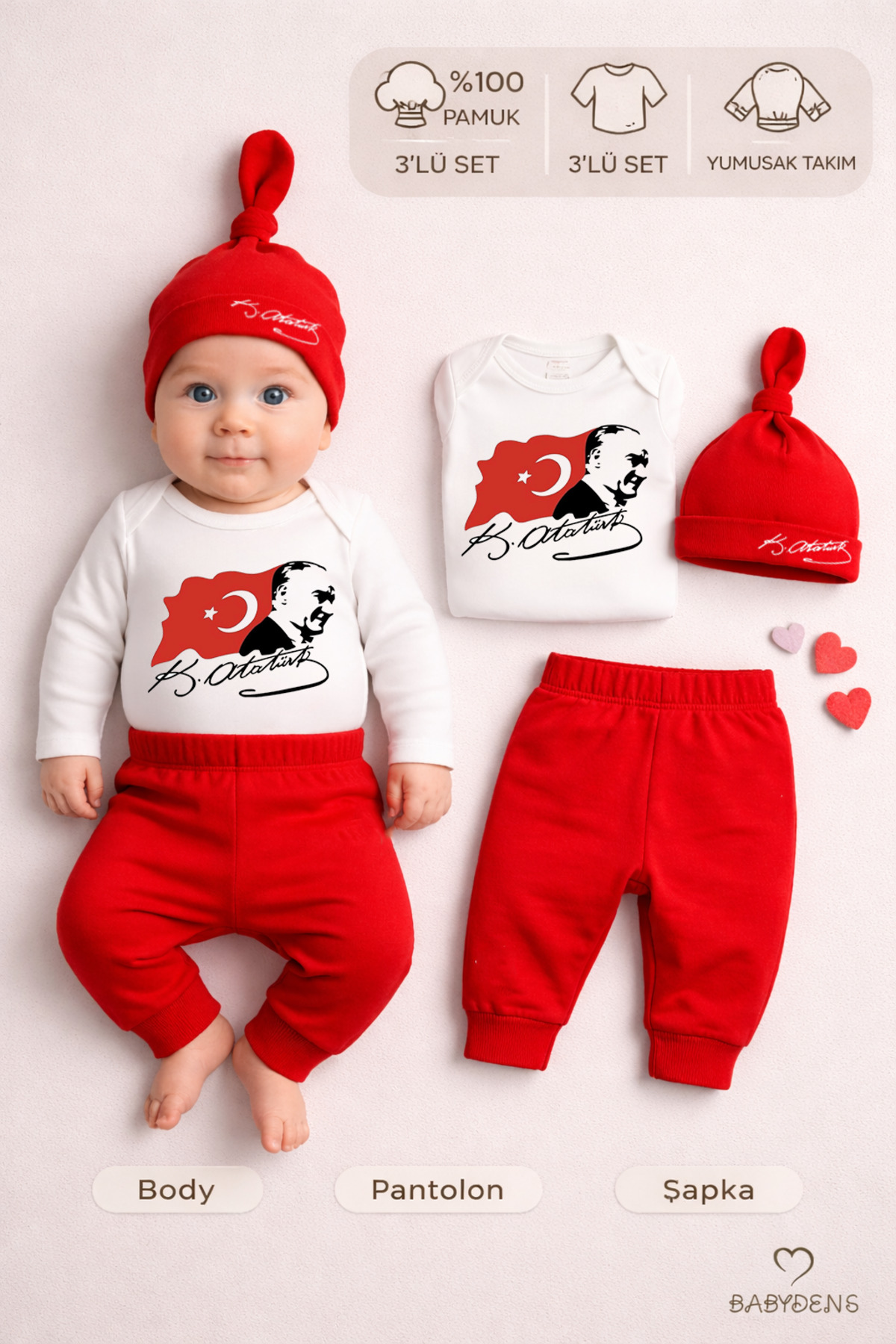 BABYDEN'S Atatürk Baskılı 3’lü Bebek Takımı %100 Pamuk Uzun Kollu Çıtçıtlı Body Pantolon Şapka Yenidoğan Seti fotoğrafı 3 (önizleme)