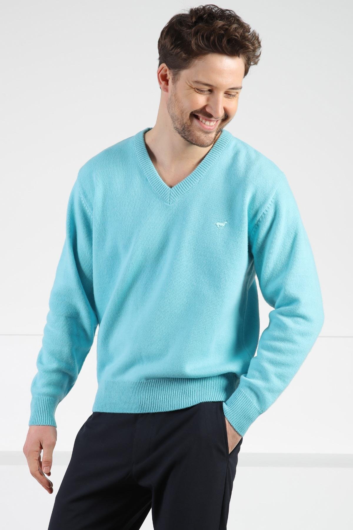 Ferraro  Turkuaz V Yaka Erkek Uzun Kollu %100 Kuzu Yünü Triko Kazak - Görsel 4