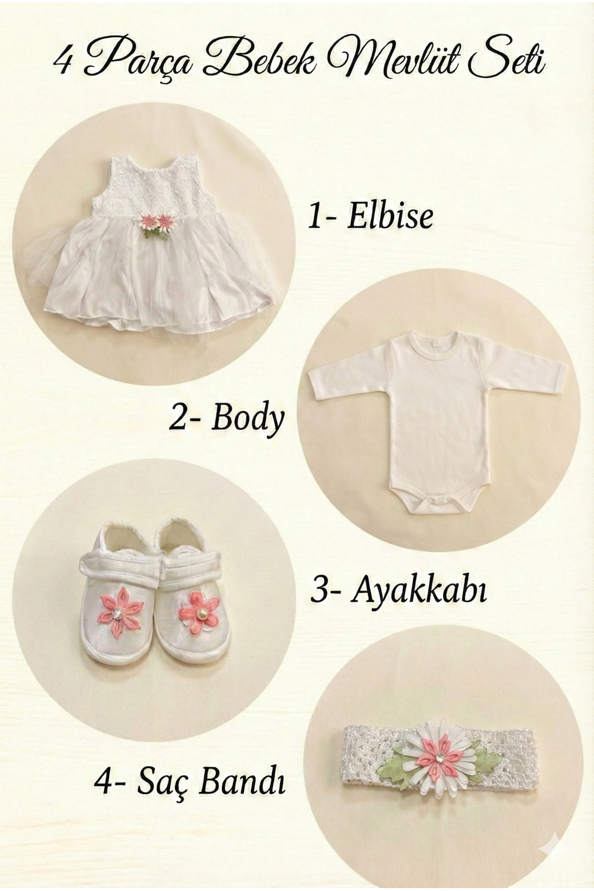 Momivi Kids Kız Bebek Beyaz Çiçek Detaylı Tüllü Elbise, Bandana ve Patik Ayakkabı Mevlüt Takımı 4'lü Set fotoğrafı 4 (önizleme)