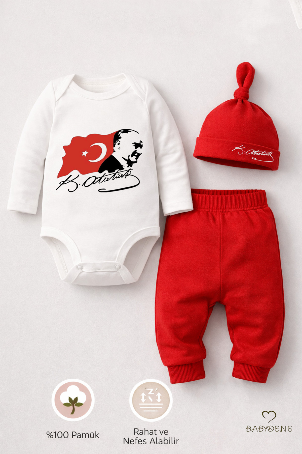 BABYDEN'S Atatürk Baskılı 3’lü Bebek Takımı %100 Pamuk Uzun Kollu Çıtçıtlı Body Pantolon Şapka Yenidoğan Seti fotoğrafı 2 (önizleme)