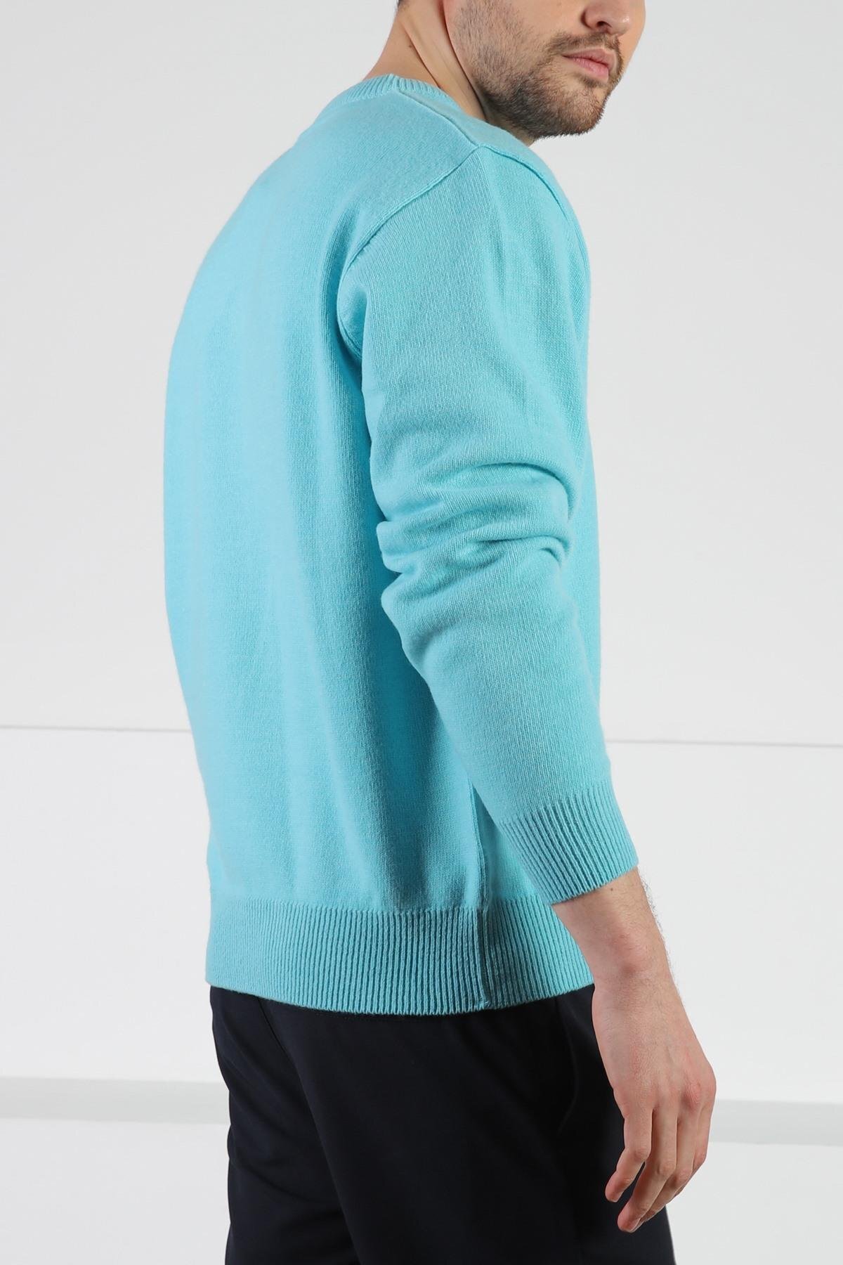 Ferraro  Turkuaz V Yaka Erkek Uzun Kollu %100 Kuzu Yünü Triko Kazak - Görsel 5
