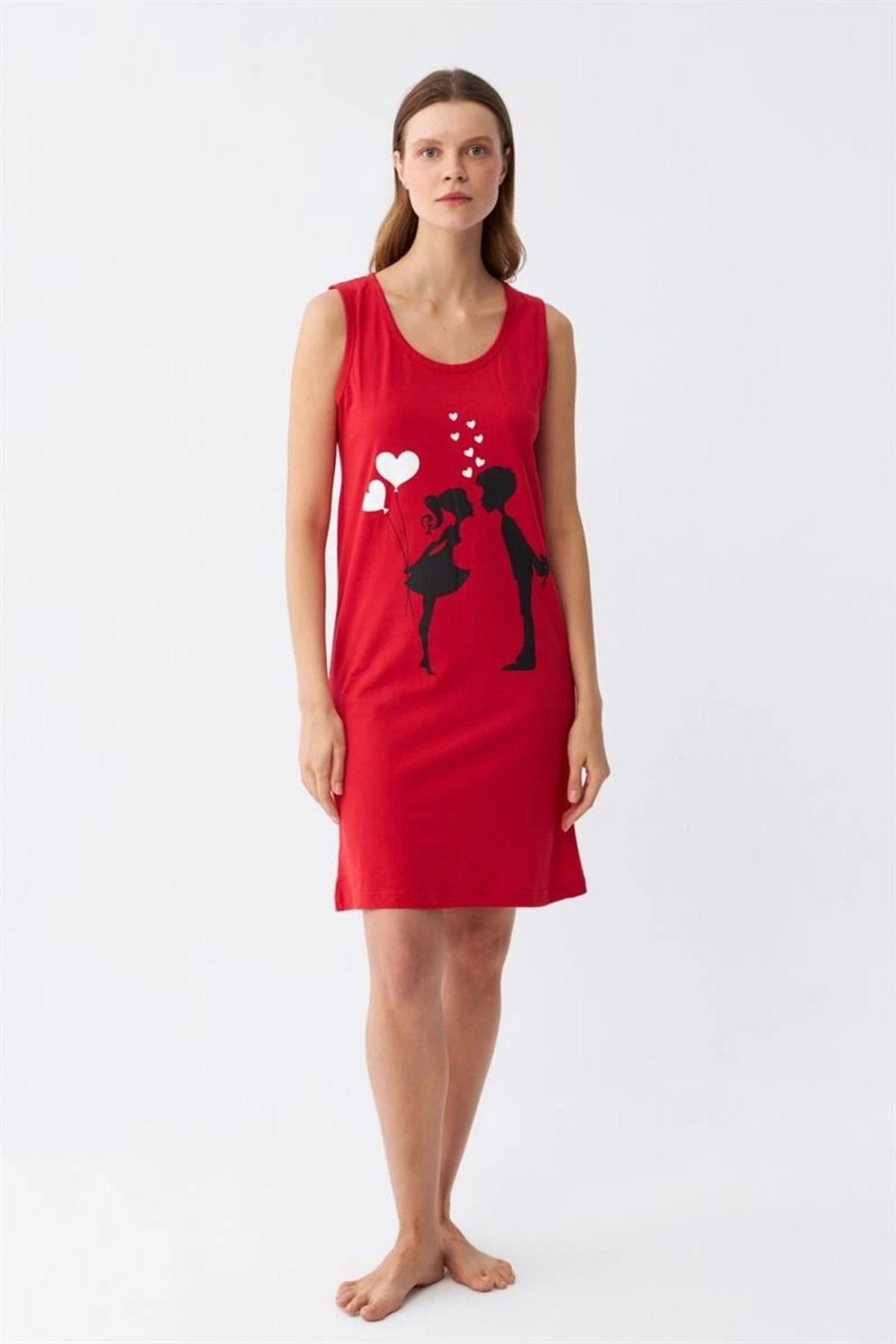 AsilSepet Kadın Kalın Askılı Penye Diz Üstü Kırmızı Gecelik